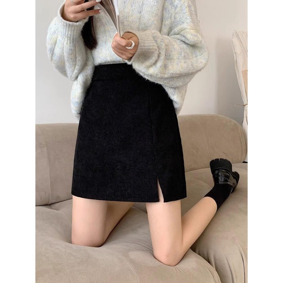 (black, L) Korean Style High Waist Corduroy A-line Skirt - Autumn/winter 2023 Collection