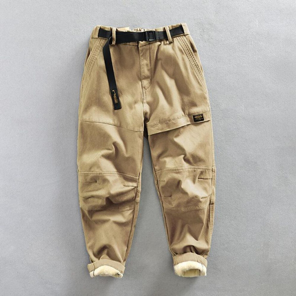 (khaki, 4XL) "men's Winter Plus-size Velvet Work Pants - Loose Fit Casual Trousers