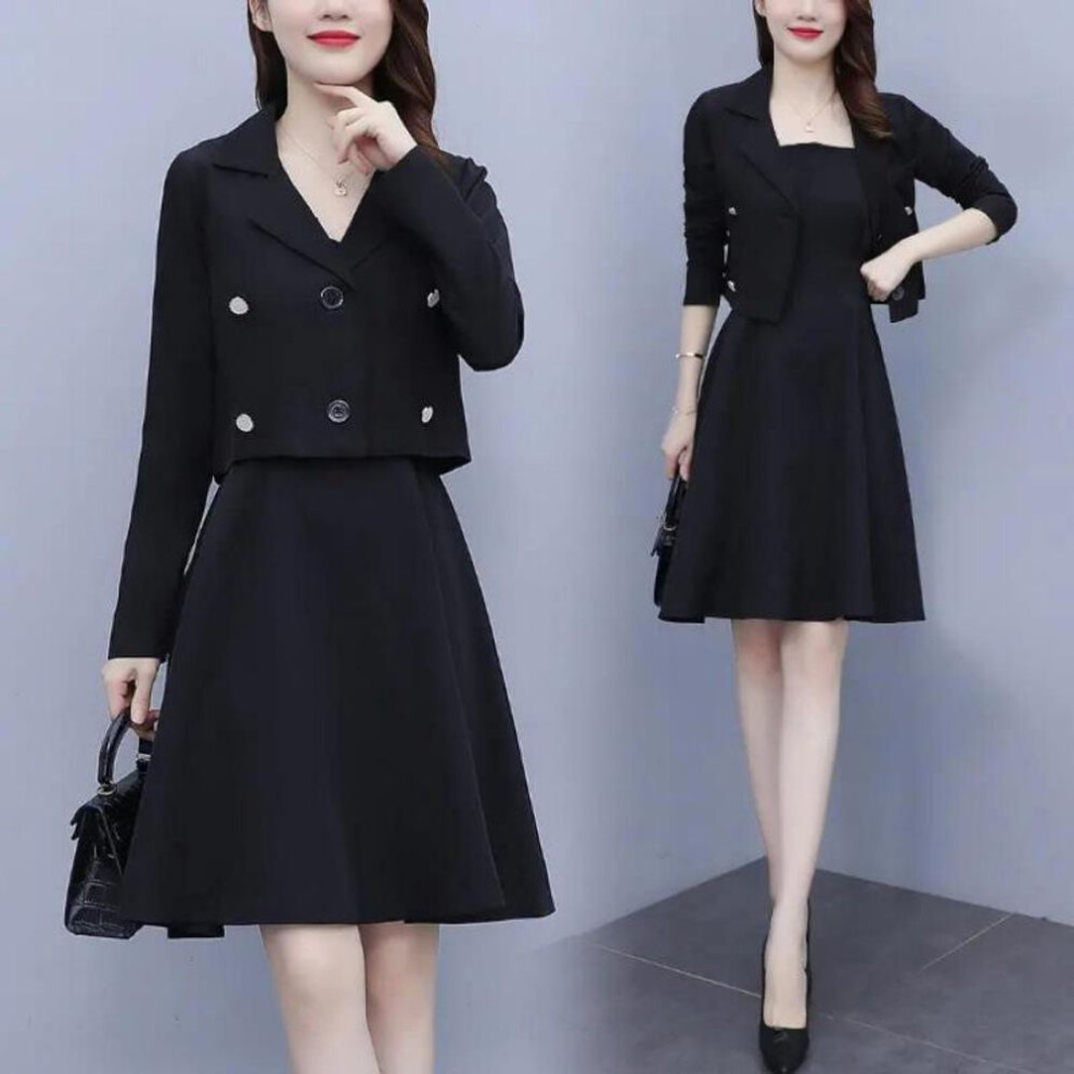 (black, XXL) "Plus Size Women's Suit Set: Spring/Autumn Slim Fit Two-Piece with Suspenders