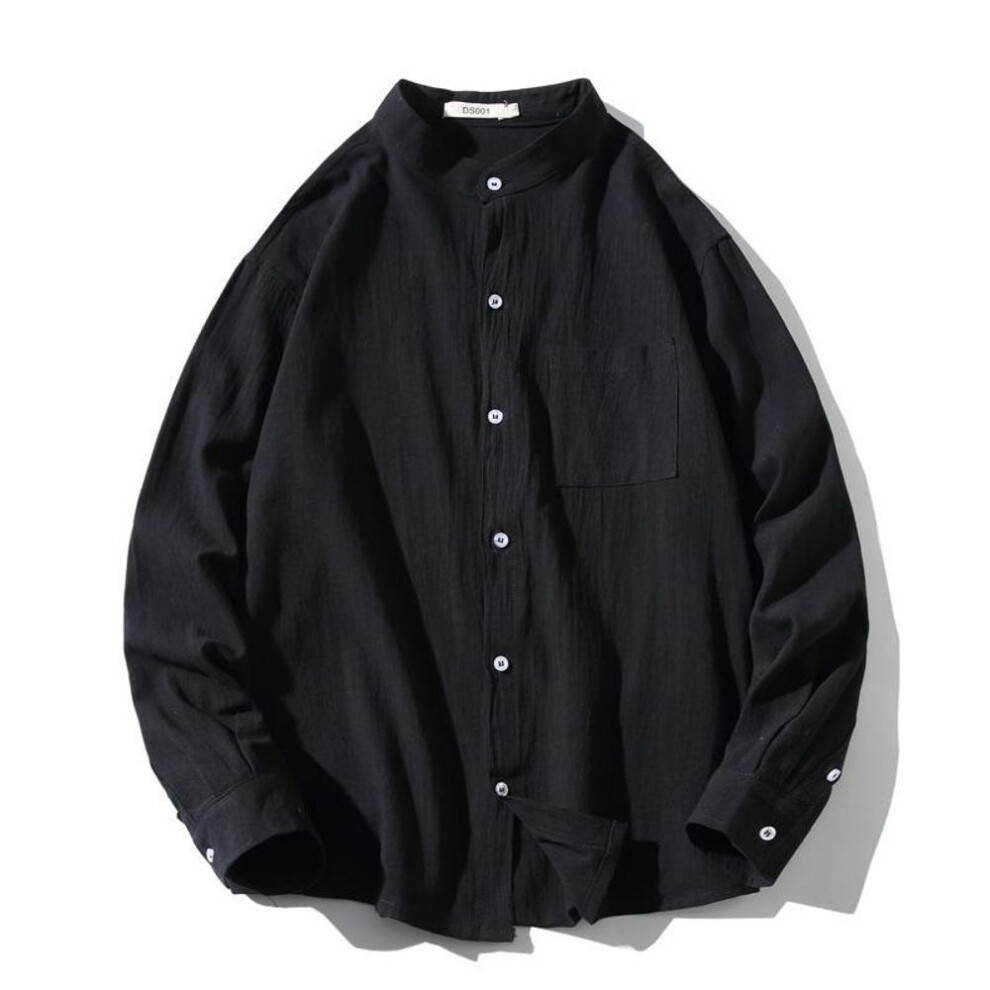 (black, 3XL) Men's Slim Fit Japanese Retro Linen-Cotton Shirt, Long Sleeve, Stand Collar, Casual All-Match Design.