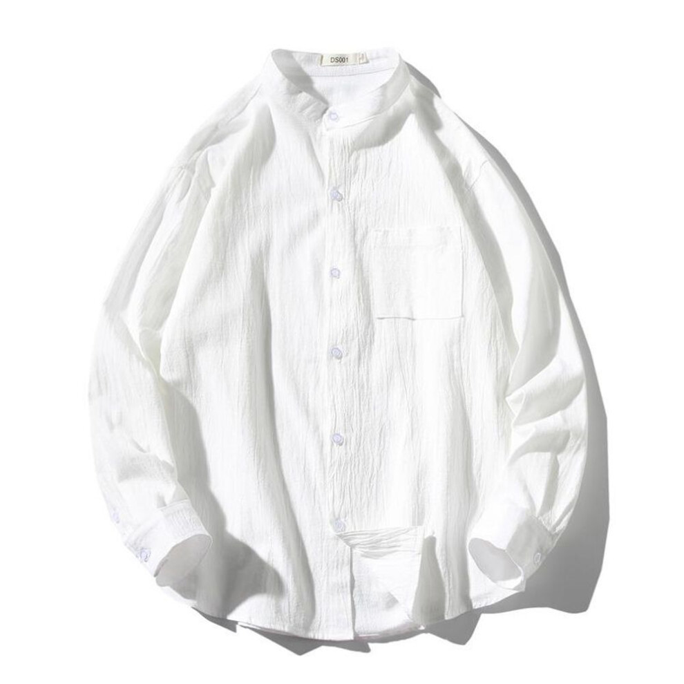 (white, M) Men's Slim Fit Japanese Retro Linen-cotton Shirt, Long Sleeve, Stand Collar, Casual All-match Design.