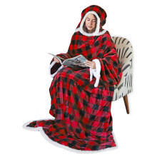 Tirrinia Hood Sherpa Wearable Blanket Red Buffalo Plaid for Adult Women and Men, Super Soft Comfy Warm Plush Throw with Sleeves TV Blanket Wrap Robe H