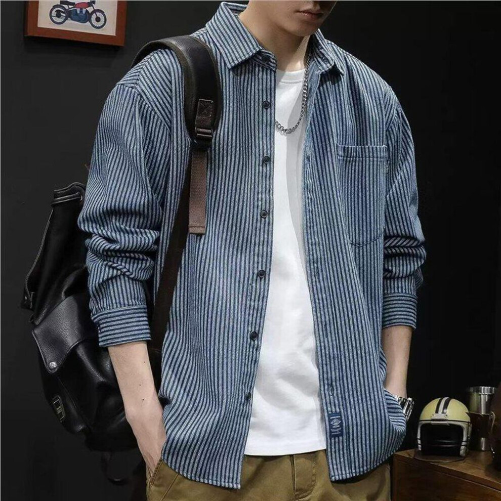 (L) Men's Autumn Striped Denim Long-Sleeve Shirt: Japanese Casual Versatile Blue Jacket