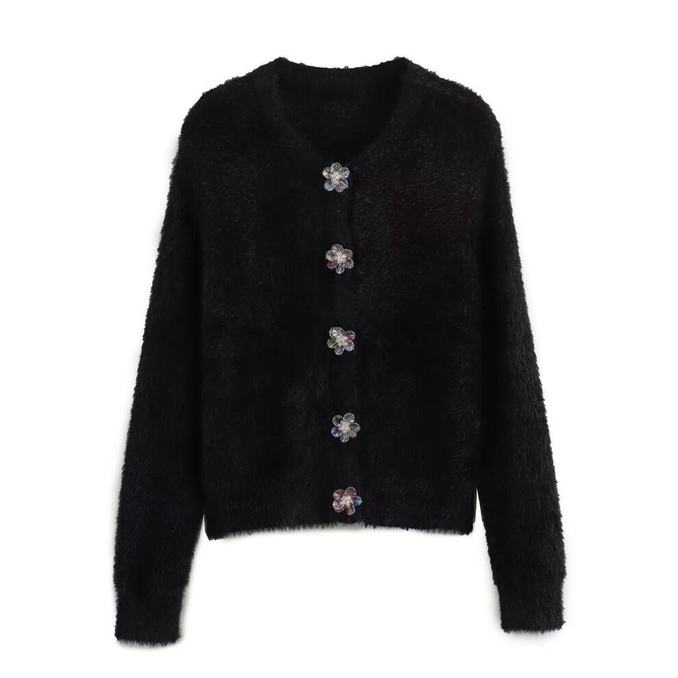 (Large) 2023 Winter Black Faux Fur Round Neck Knit Sweater Jacket for Women