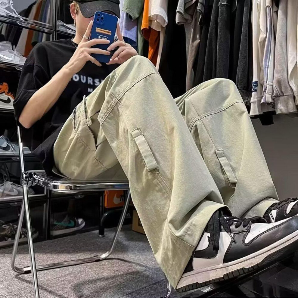 (light green, L) Men's Summer Hip-Hop Style Multi-Pocket Overalls - Trendy, Lightweight, Straight-Leg Sports Pants