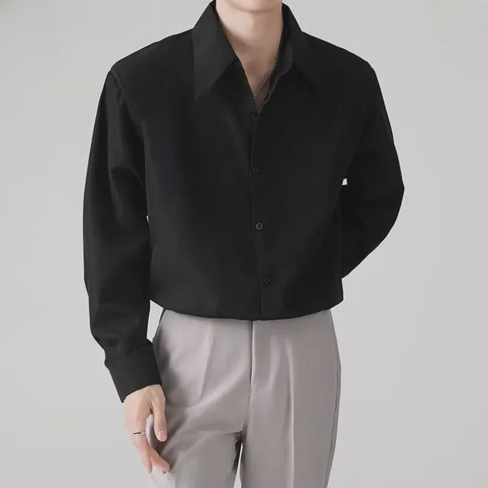 (black, XL) Men's Trendy Korean-style White Shoulder Pad Loose Long-sleeve Shirt For Spring And Autumn