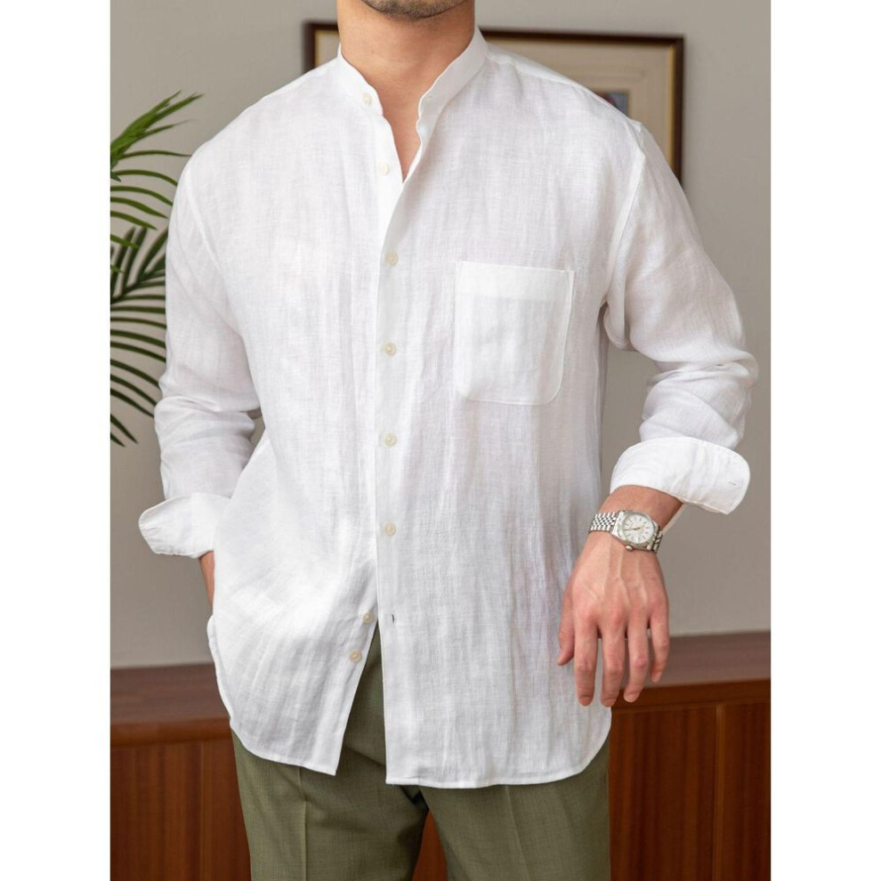 (white, Double Extra Large) Men's Long-Sleeve Linen Henley Shirt - Casual, Breathable, Versatile for Commuting or Vacation