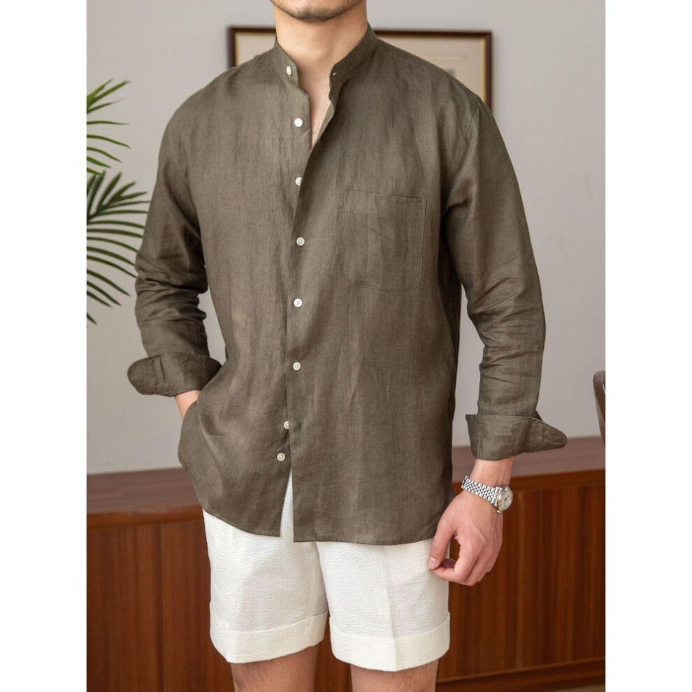 (brown, Medium) Men's Long-Sleeve Linen Henley Shirt - Casual, Breathable, Versatile for Commuting or Vacation