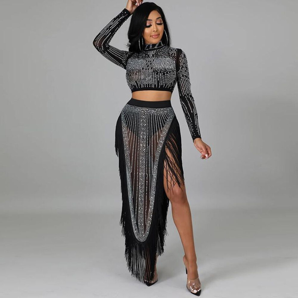 (black, XL) "Sexy European & American Diamond Mesh Slit Long Skirt Two-Piece Set
