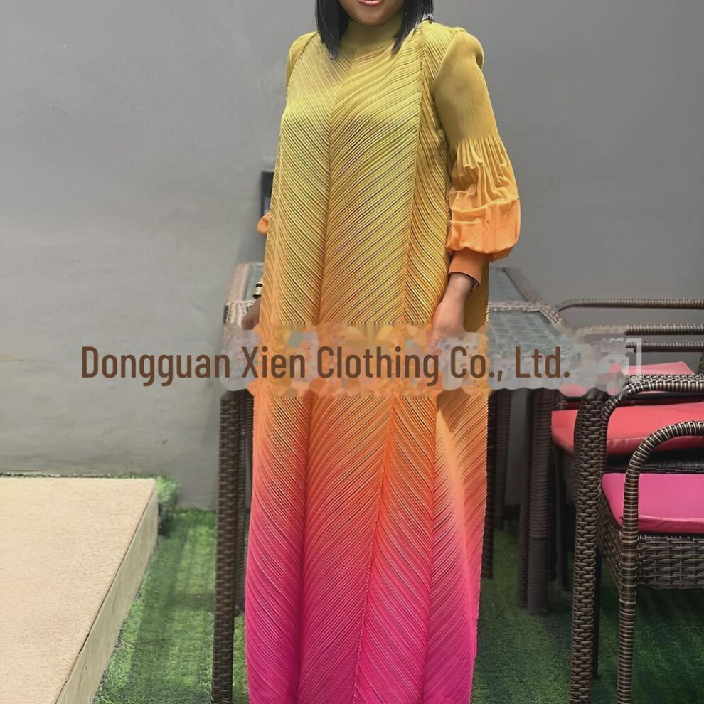 (yellow, One Size) Miyaki Pleated Gradient Puff Sleeve Maxi Dress