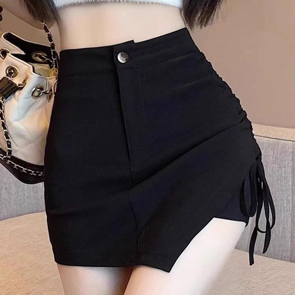 (black, XS) "women's Summer 2024 Black A-line Skirt With Fashionable Drawstring Hip - Korean Style