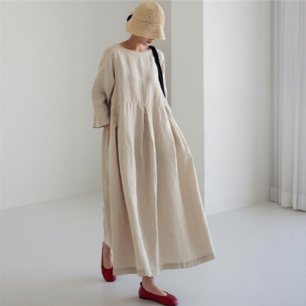 (apricot, XL) "2025 Spring/Summer Plus Size Loose Cotton Linen Midi Dress, Round Neck, Mori Girl Style