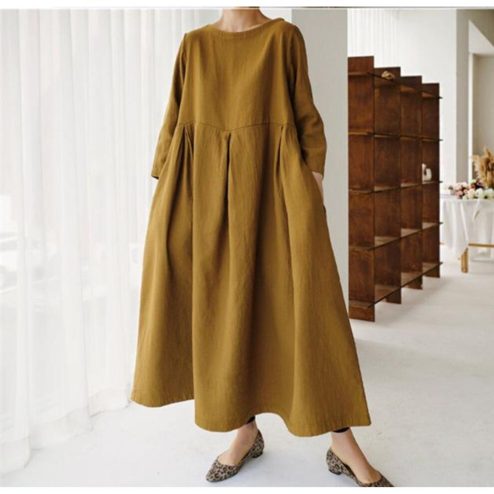 (ginger,yellow, XL) "2025 Spring/Summer Plus Size Loose Cotton Linen Midi Dress, Round Neck, Mori Girl Style