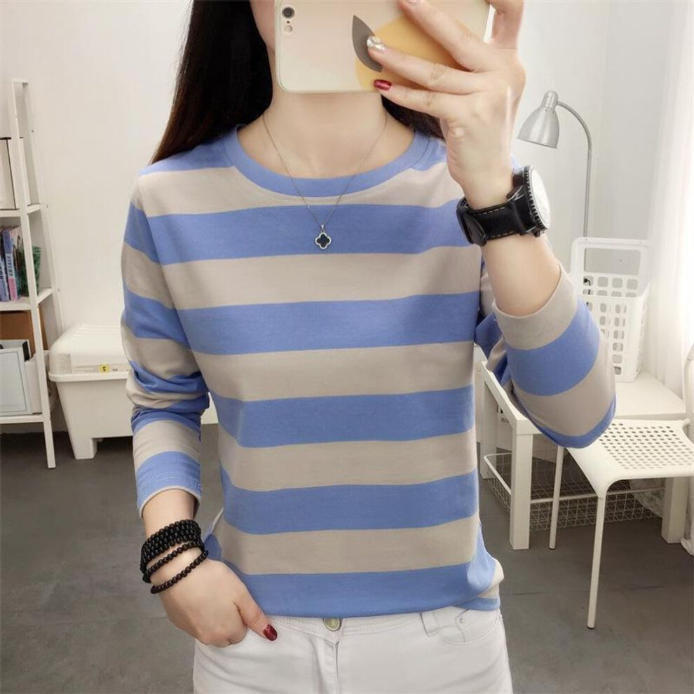 (blue,grey, M (90-105 lbs)) Spring 2024 Korean Oversized Striped Cotton Long-sleeve Women's T-shirt