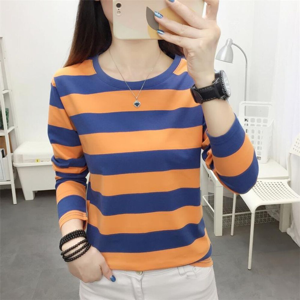 (orange,blue, M (90-105 lbs)) Spring 2024 Korean Oversized Striped Cotton Long-Sleeve Women's T-Shirt