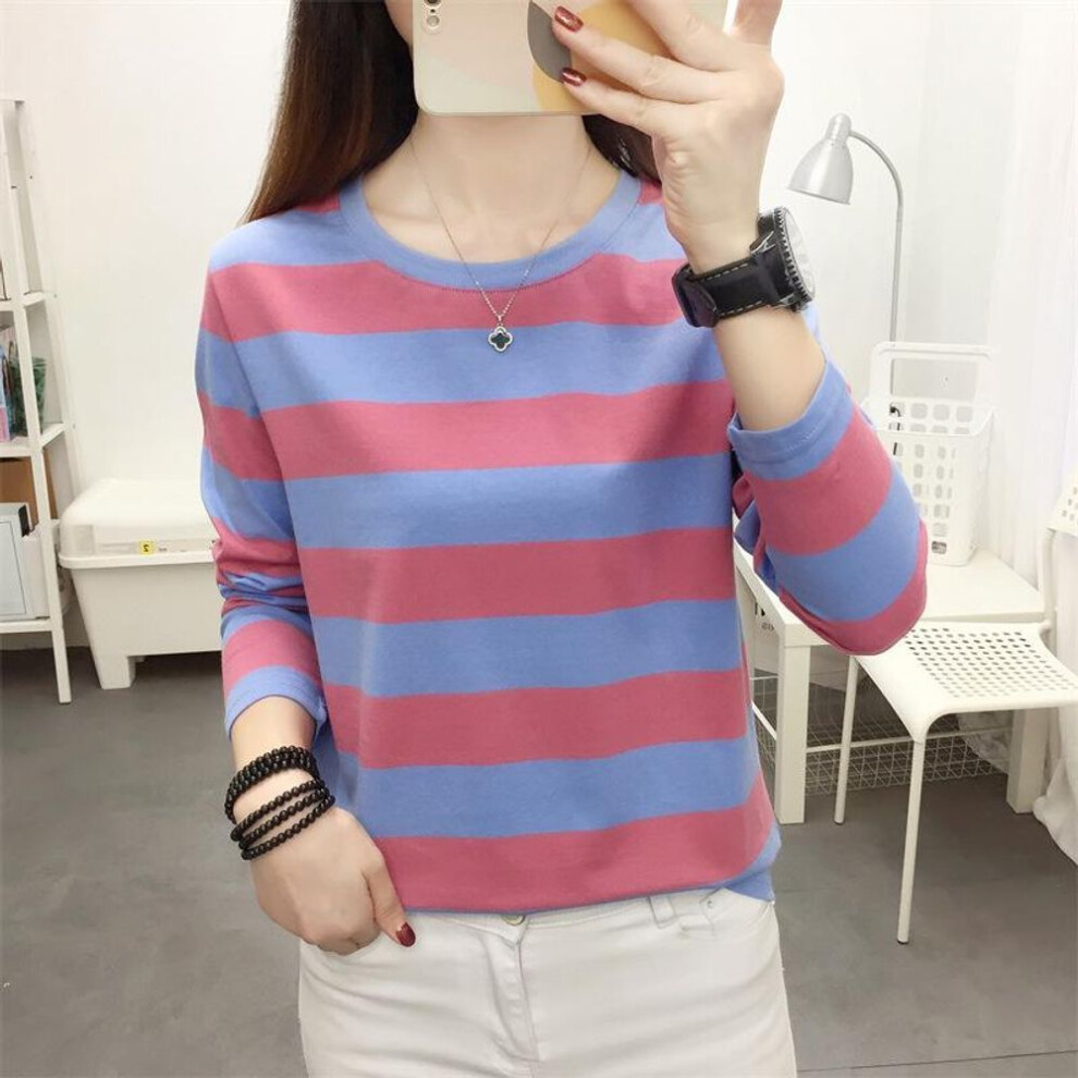 (rose,blue, L (106-120 lbs)) Spring 2024 Korean Oversized Striped Cotton Long-sleeve Women's T-shirt