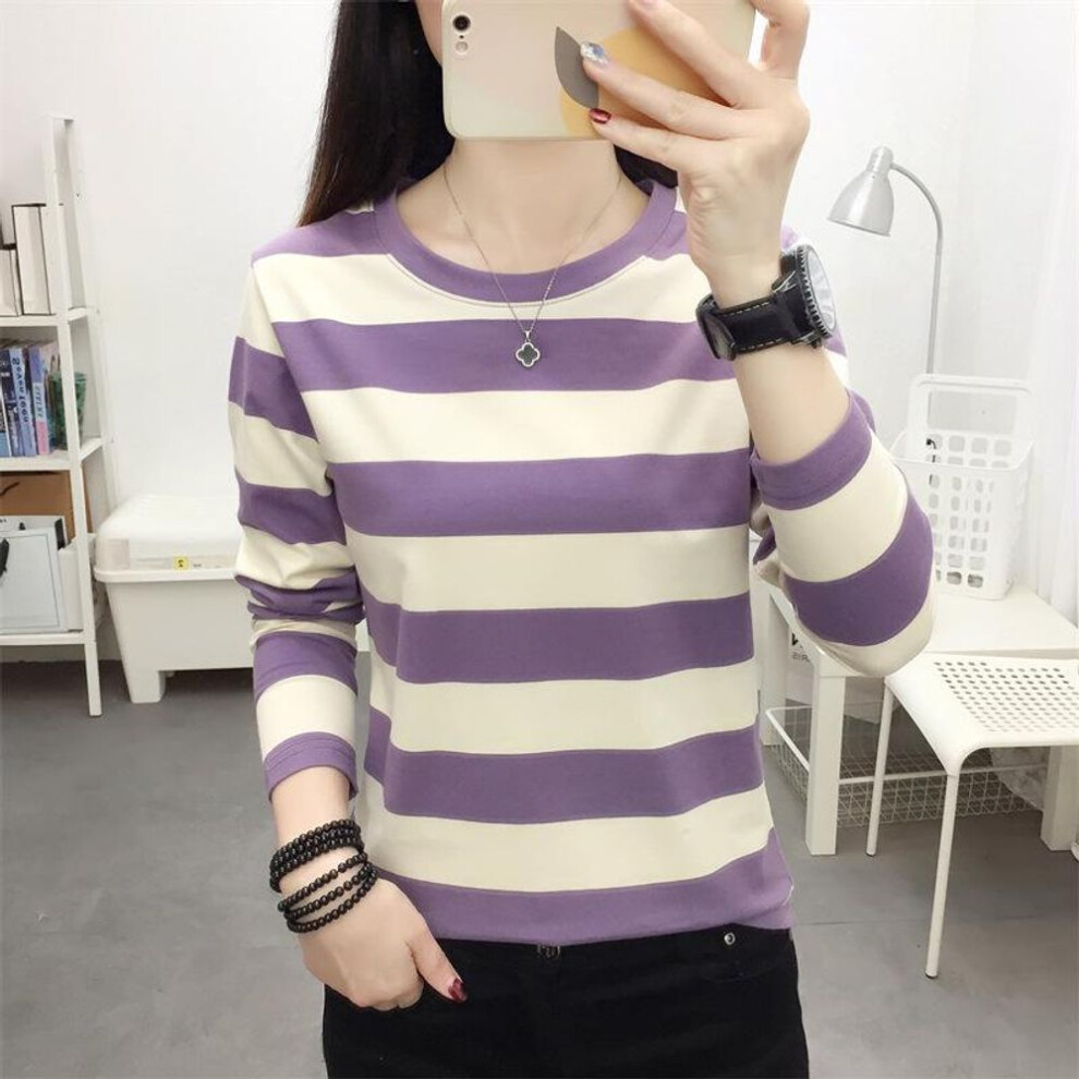 (purple,apricot, 2XL (136-145 lbs)) Spring 2024 Korean Oversized Striped Cotton Long-Sleeve Women's T-Shirt