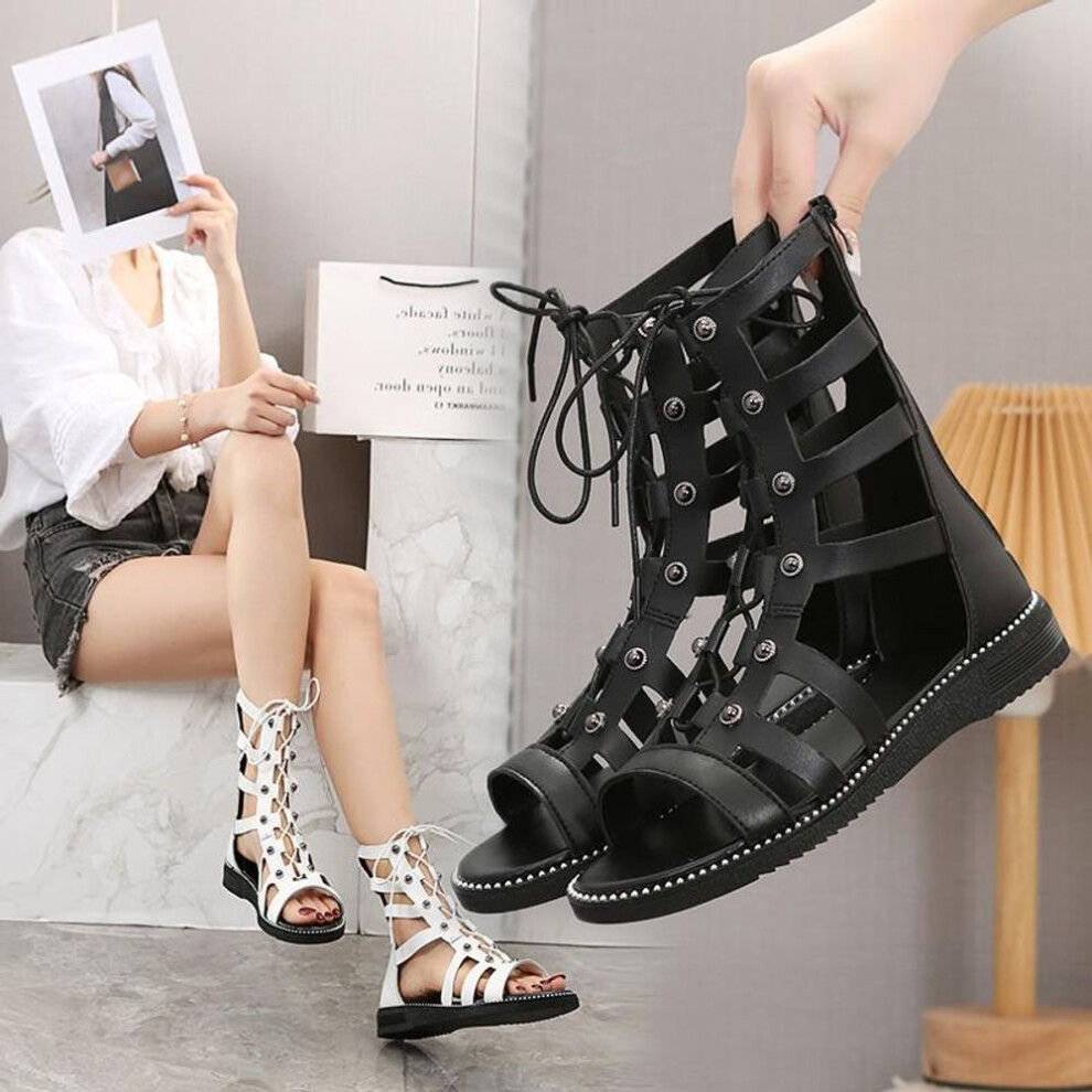 (black, 36) "2024 Women's Summer Roman Rivet High-Top Flat Sandals with Hollow Design and Back Zipper - Large Sizes Available