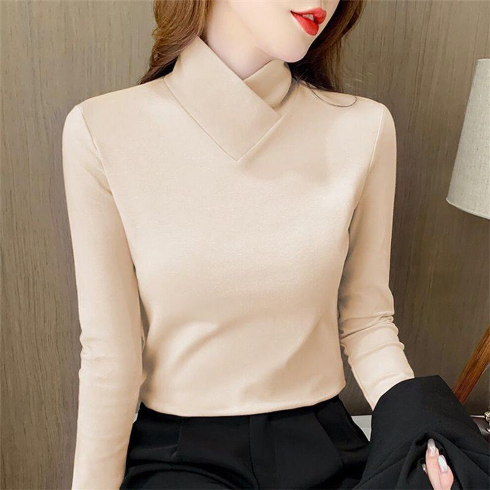(apricot, 3XL) 2025 Women's Slim Fit Long Sleeve Velvet Turtleneck Shirt - Solid Color, Stylish Autumn Korean Student Top
