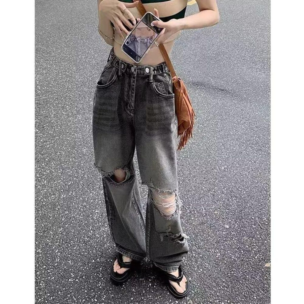(black,grey, X-Large) "plus Size High Waist Ripped Straight Jeans - Women's Loose-fit Retro Wide Leg Pants