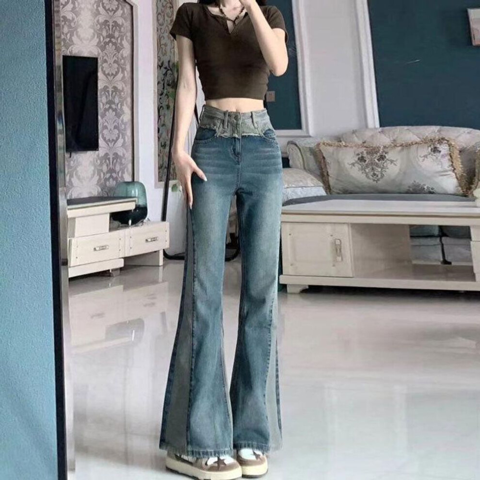 (M) Women's High-waist Contrast Stitching Retro Flared Jeans - Petite Wide-leg Trousers