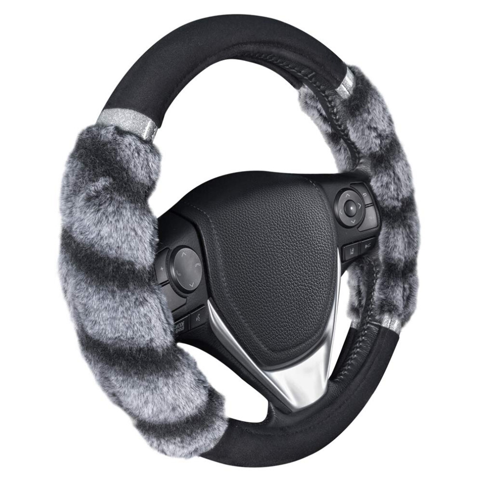 Bdk Bear Fur Plush Steering Wheel Cover - Cute Faux Wool Protector For Women Girls Fits Wheels 14.5-15 Inch Two Tone - With Glitter Black/Gray 826942142215