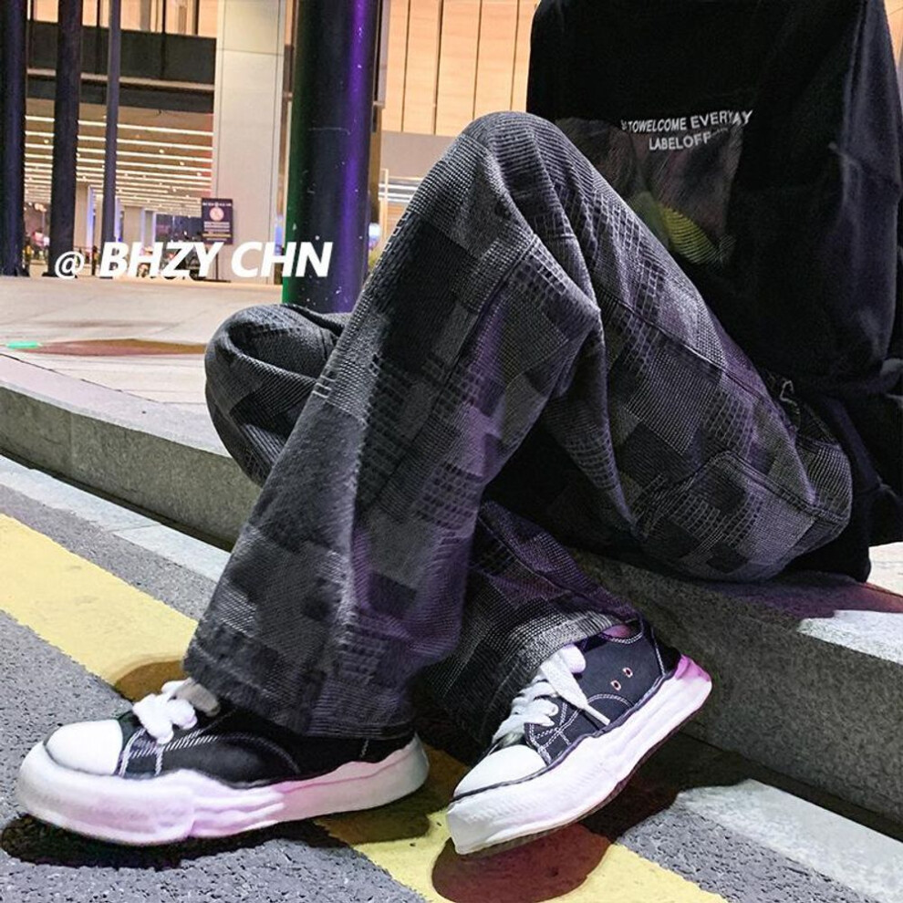 (black, Extra Large) Men's Summer Thin Checkerboard Wide-Leg Jeans - American High Street Fashion Loose Straight Casual Trousers