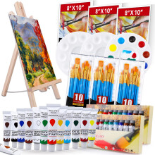 Pintura acr lica Conjunto com 1 cavalete de madeira 3 pain is de tela30 PCS Brecha de cabelo de nylon 3 PCS Placas de tinta e 2 PCs de tinta acr