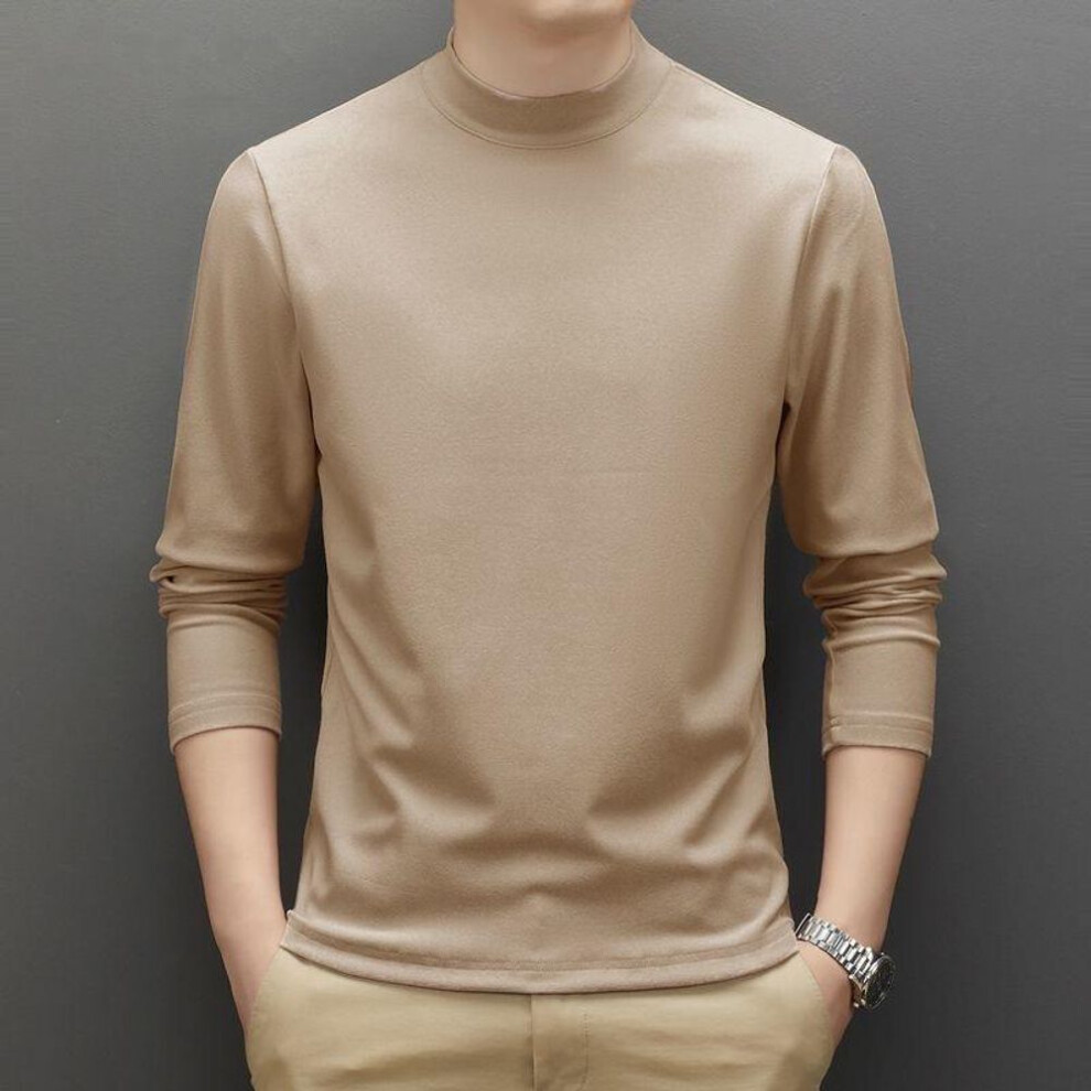 (khaki, M) Men's Double-sided Velvet Half Turtleneck Long-sleeve T-shirt, Spring/autumn, Warm Plush Sweater.