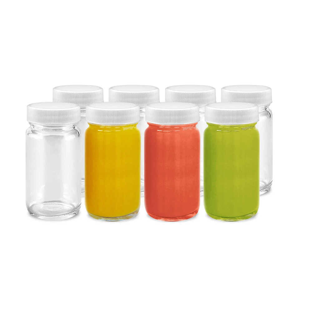 Juice Shot Bottles Set - Wide Mouth for Juicing  Beverage Storage  Liquids  2 oz  Clear Glass with White Caps  Reusable  Leak Proof  Jars (8 pack)