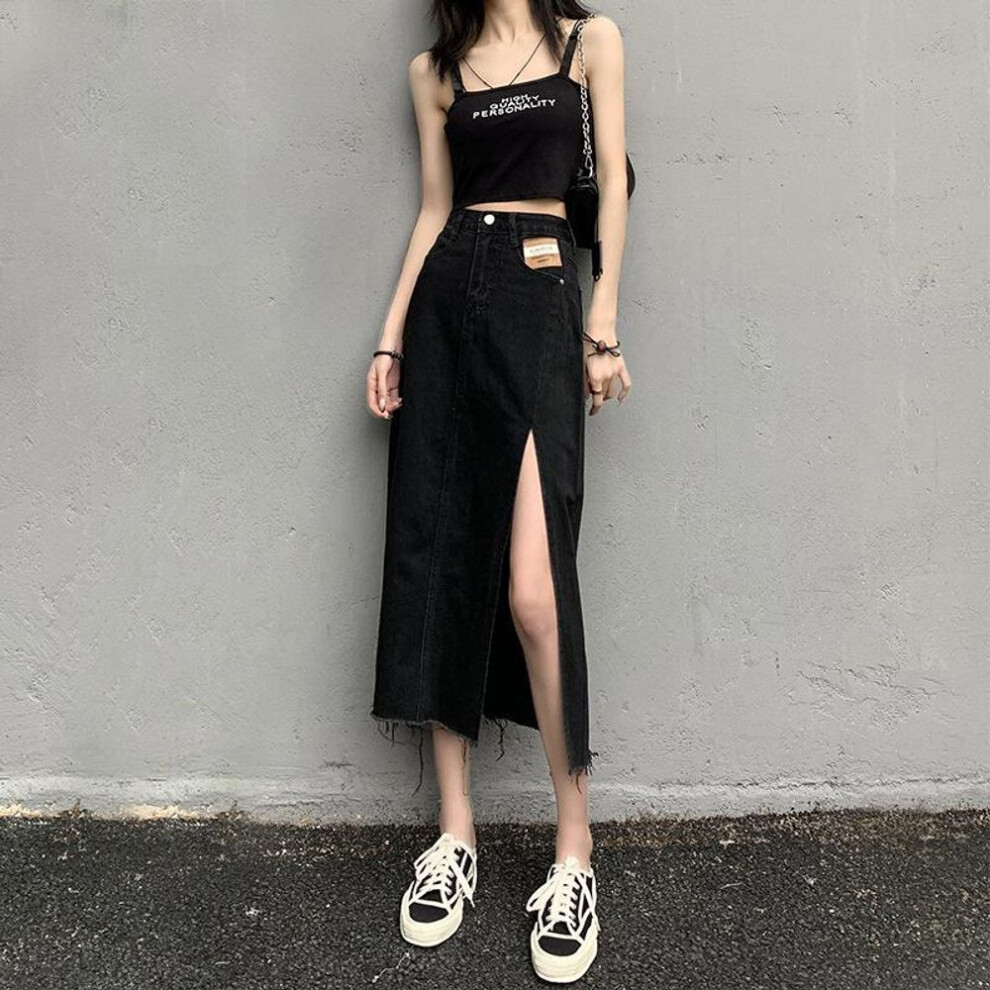 (black, Extra Large Plus) "Black High Waist A-Line Denim Skirt with Side Slit - Trendy Summer Fashion for Women