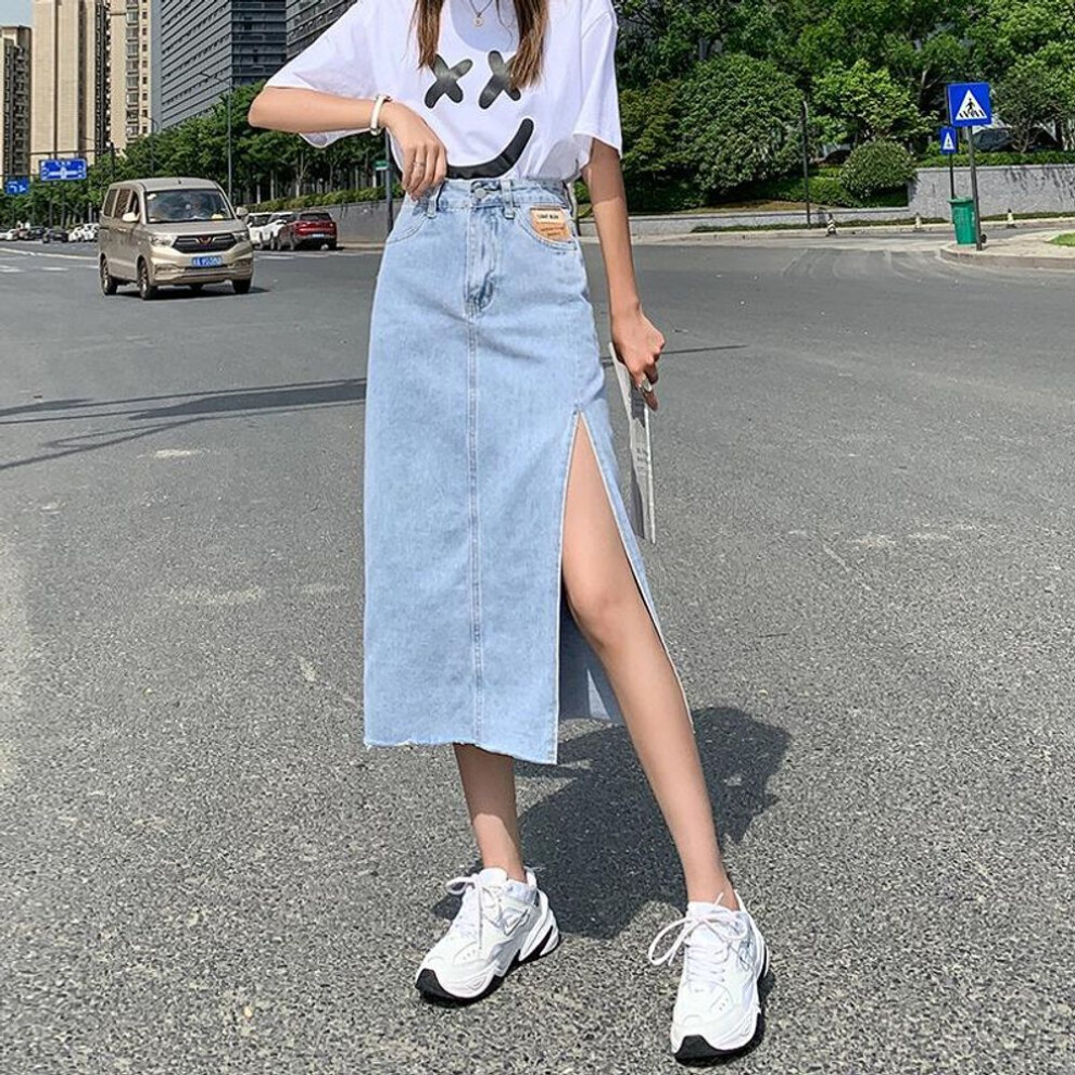 (light blue, Small) "Black High Waist A-Line Denim Skirt with Side Slit - Trendy Summer Fashion for Women
