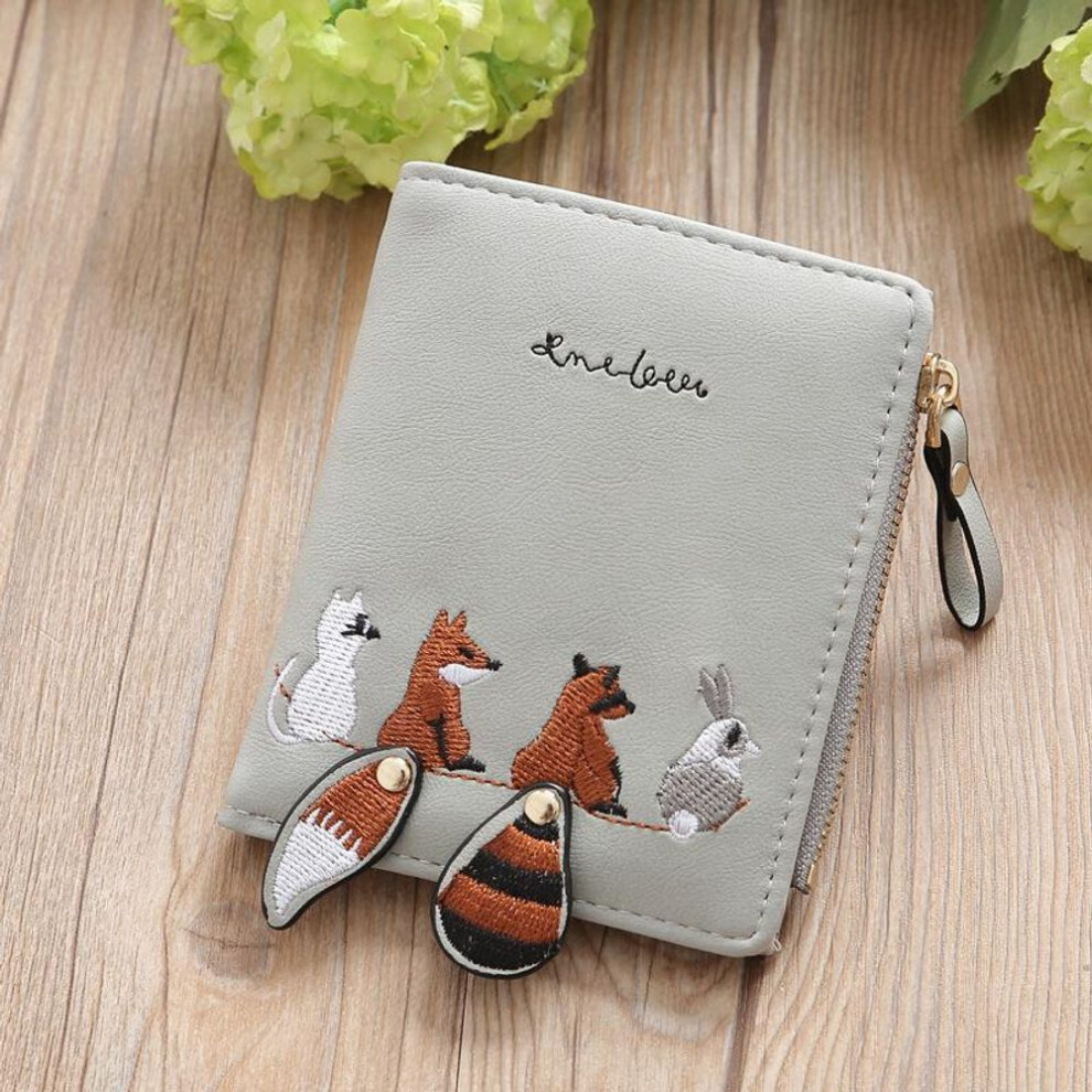 (gray) "Korean Style Embroidered Zipper Wallet: Cute, Compact Women's Multi-Card Coin Purse
