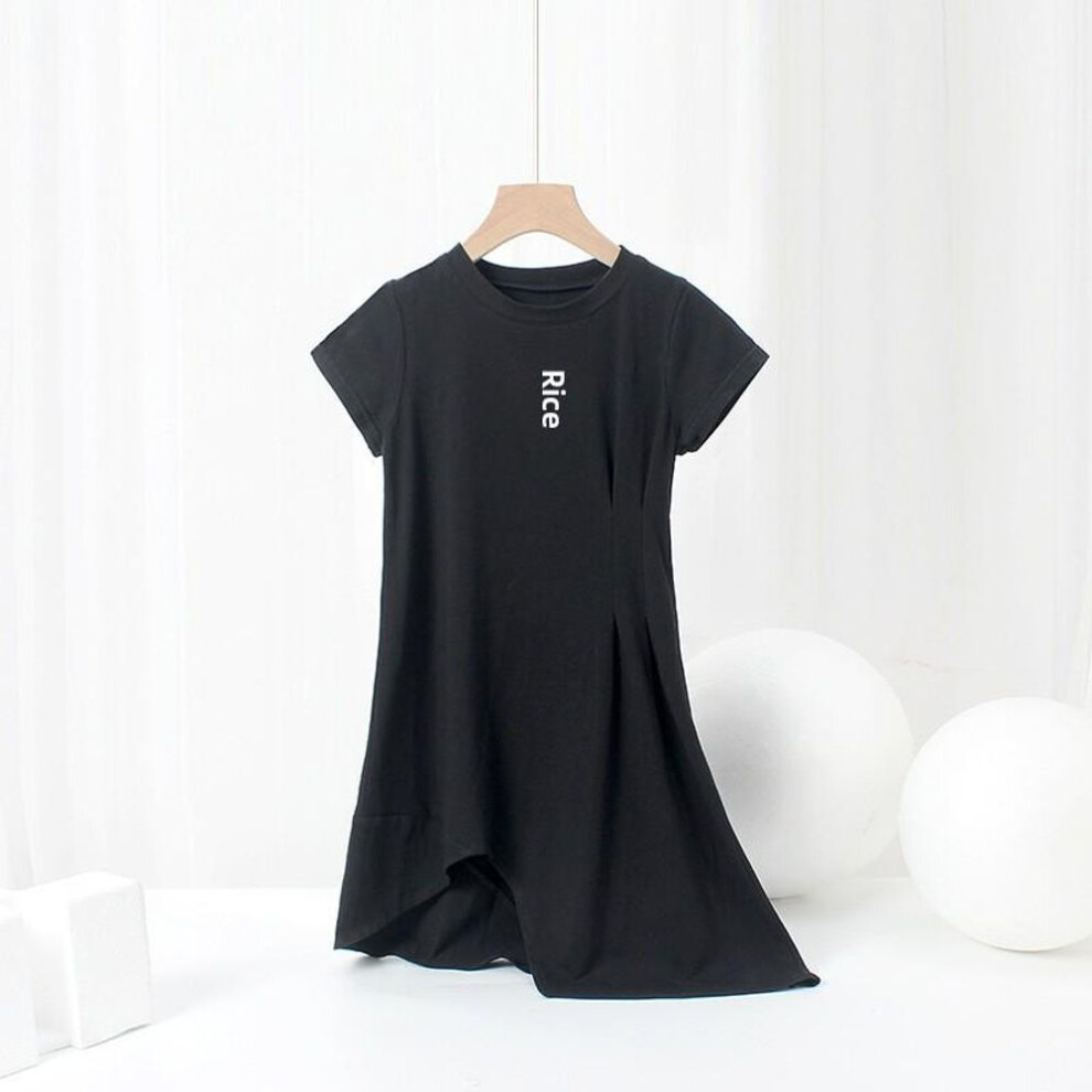 (black, 130 cm) Trendy Girls' Korean-Style Summer Short-Sleeve Princess Dress