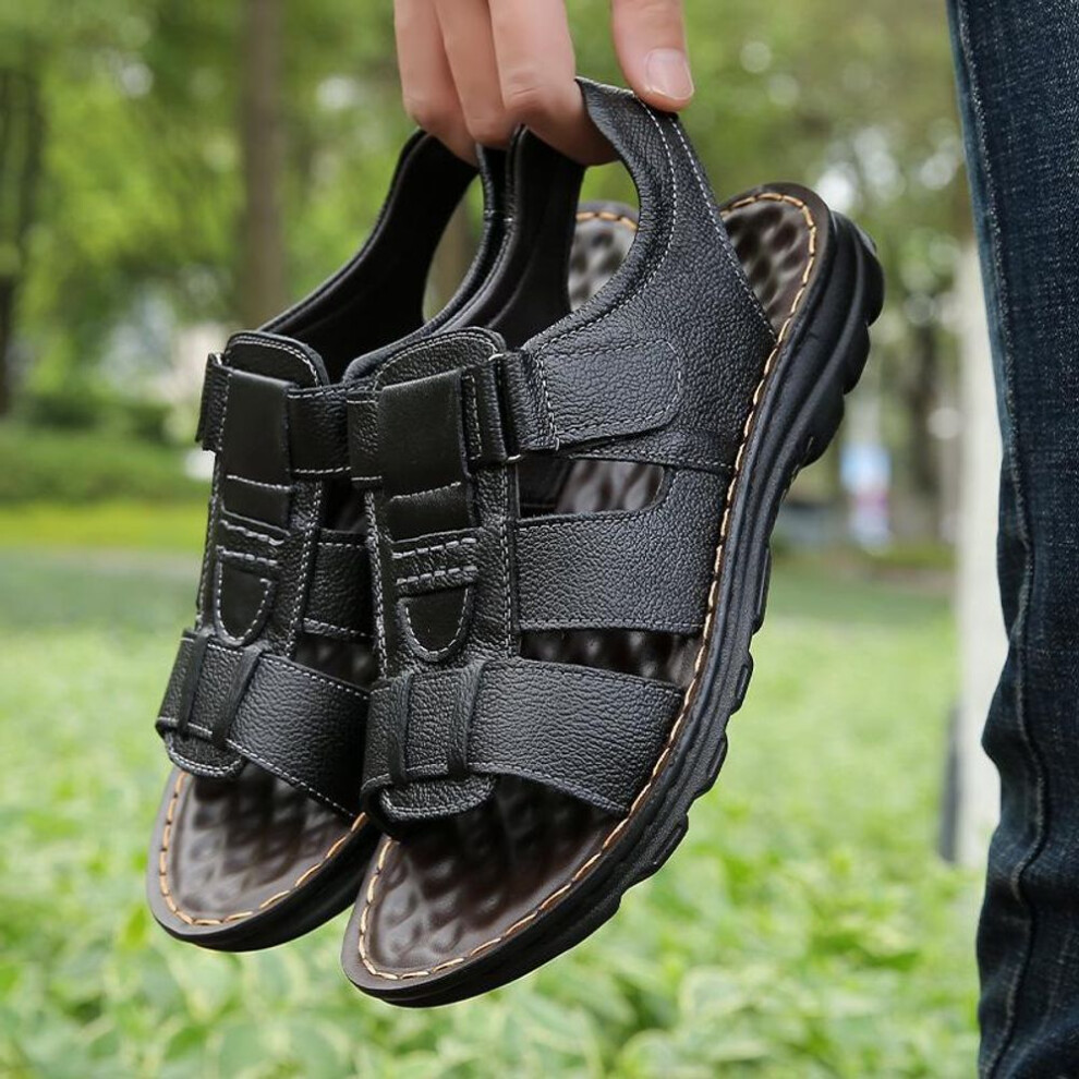(black, 39) "Men's 2024 Summer Genuine Leather Breathable Sandals - Versatile, Soft Bottom, Beach-Ready.