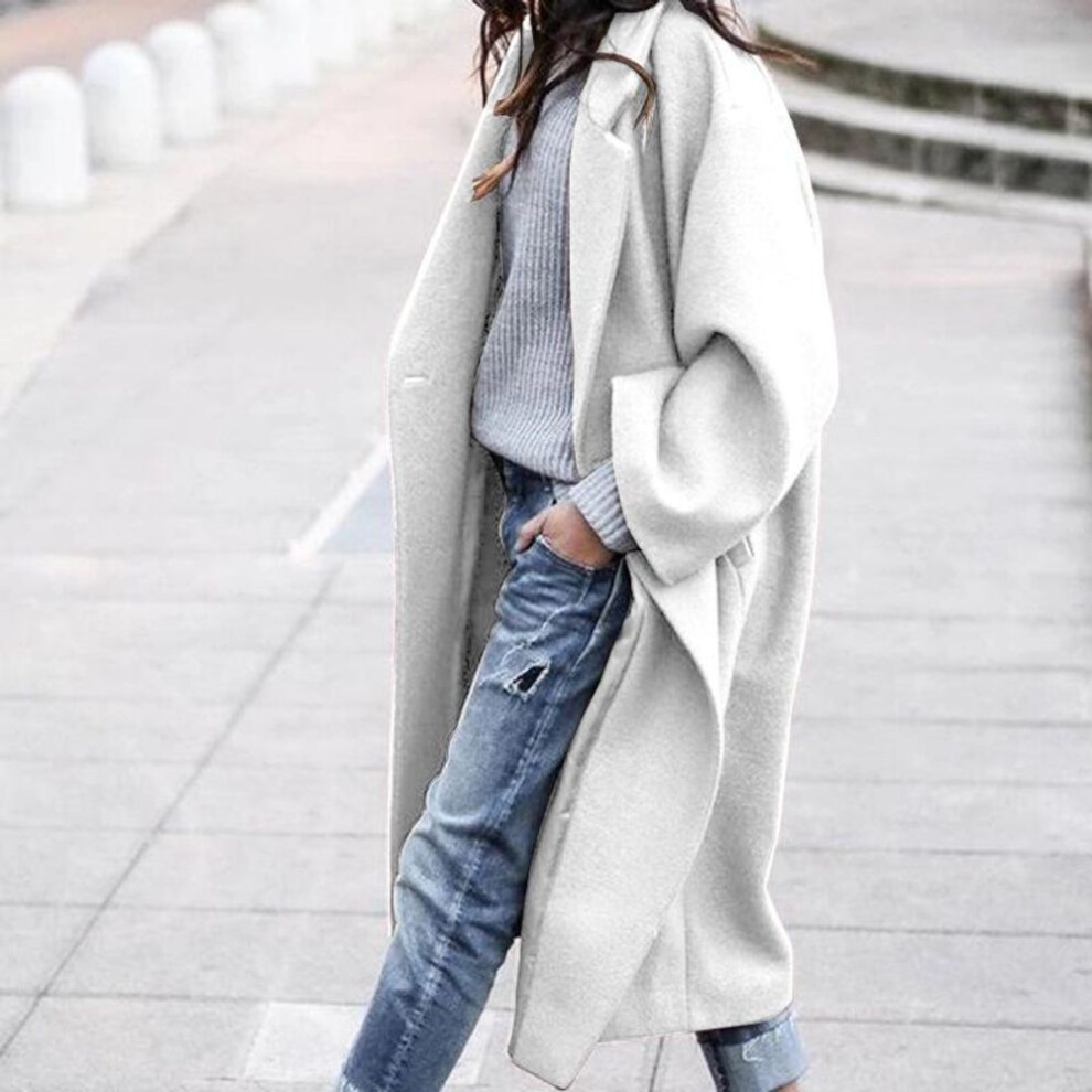 (white, Medium) 2024 European & American Women's Wool Coat - Casual, Long, Solid Color, Warm for Autumn/Winter