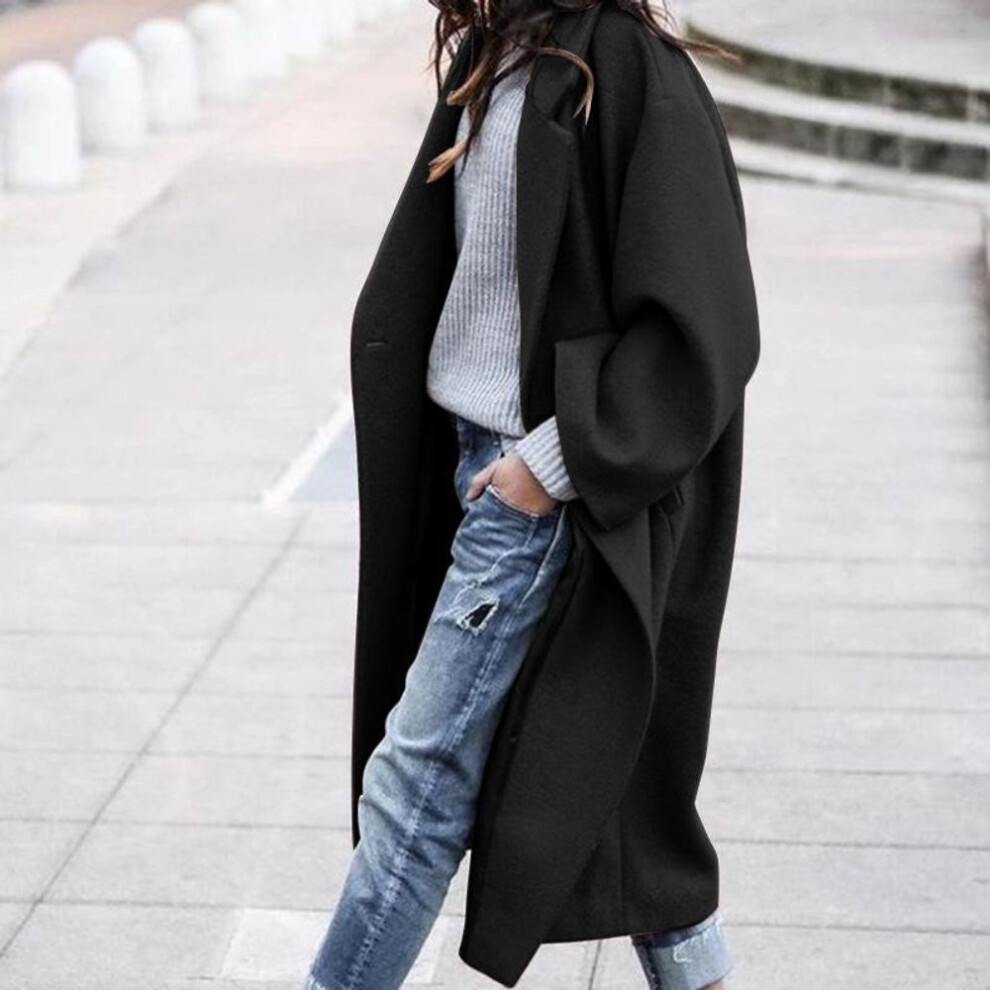 (black, Large) 2024 European & American Women's Wool Coat - Casual, Long, Solid Color, Warm for Autumn/Winter