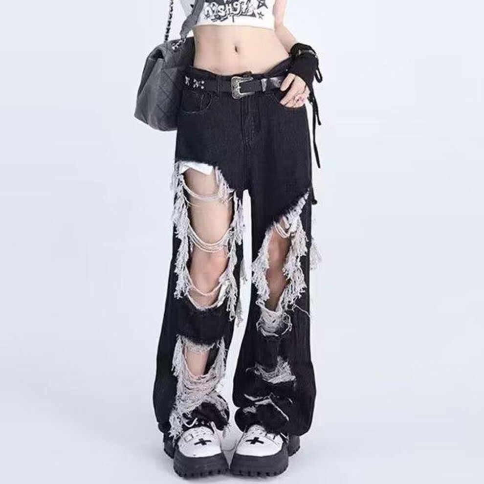 (black, XL) "women's High Street Black Ripped Jeans - Summer Style With Raw Edges