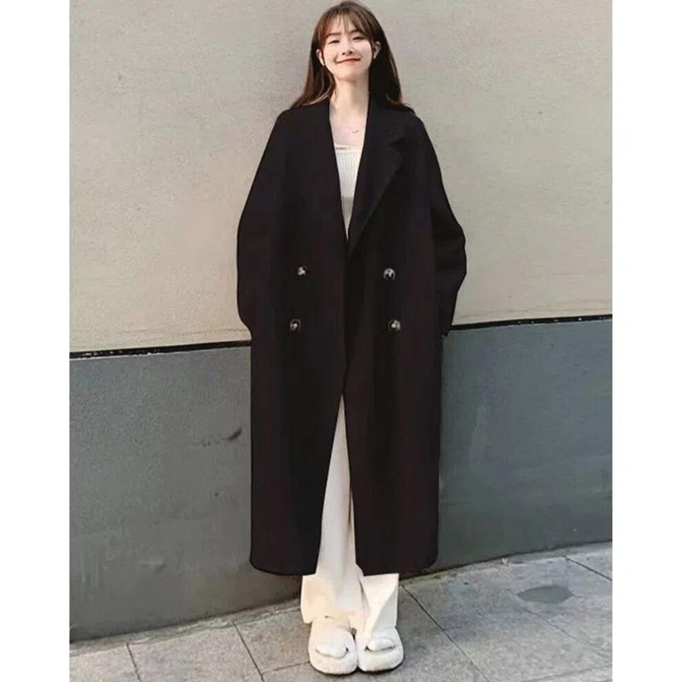 (black, M) Large Woolen Coat For Women - 2024 Autumn/winter Korean Hepburn Style, Loose Mid-length Design