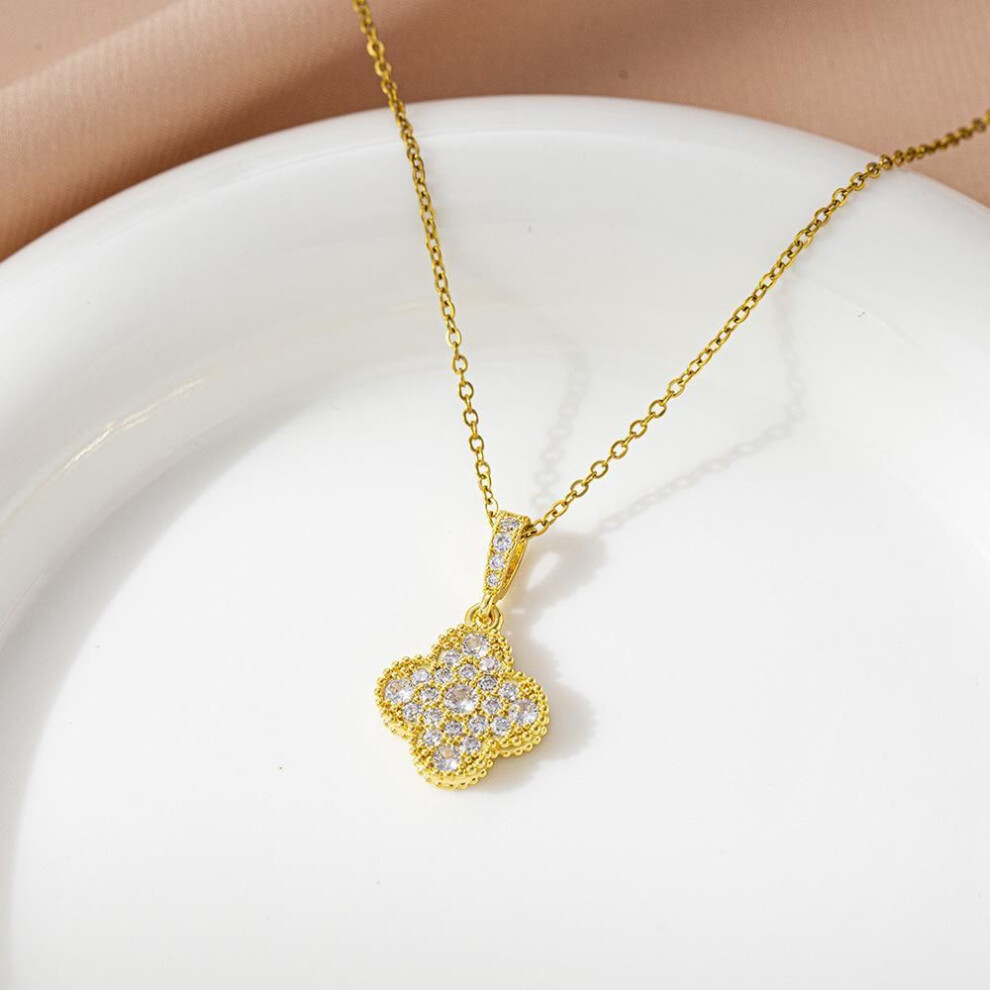 (gold) Luxury Micro-inlaid Diamond Flower Necklace With K Gold-plated Titanium Steel And Transfer Bead Pendant - Versatile Women's Accessory