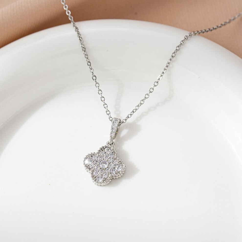 (silver) Luxury Micro-inlaid Diamond Flower Necklace With K Gold-plated Titanium Steel And Transfer Bead Pendant - Versatile Women's Accessory
