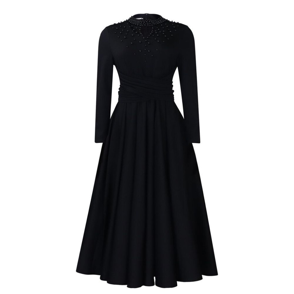(black, XL) D454 Women's High Collar Elegant Beaded Swing Dress With Waist, African Style Fashion