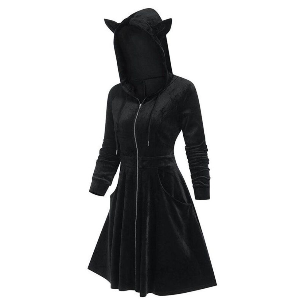 (black, XXL) "Plus Size Women's Gothic Style Gold Velvet Cat Ear Hooded Slim Dress
