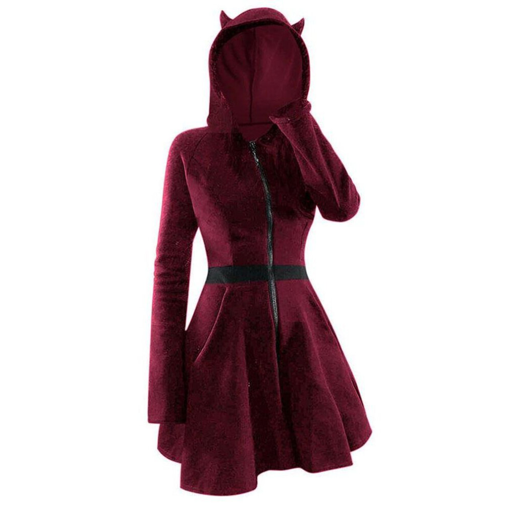 (wine red, XXL) "Plus Size Women's Gothic Style Gold Velvet Cat Ear Hooded Slim Dress