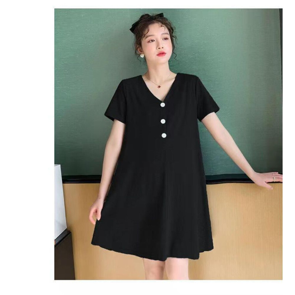 (black, L) Korean Style Maternity Dress: Fashionable, Solid Color, Loose, Slim, Short-sleeved, Medium-length, Trendy, Casual, Large Size, Small Skirt.