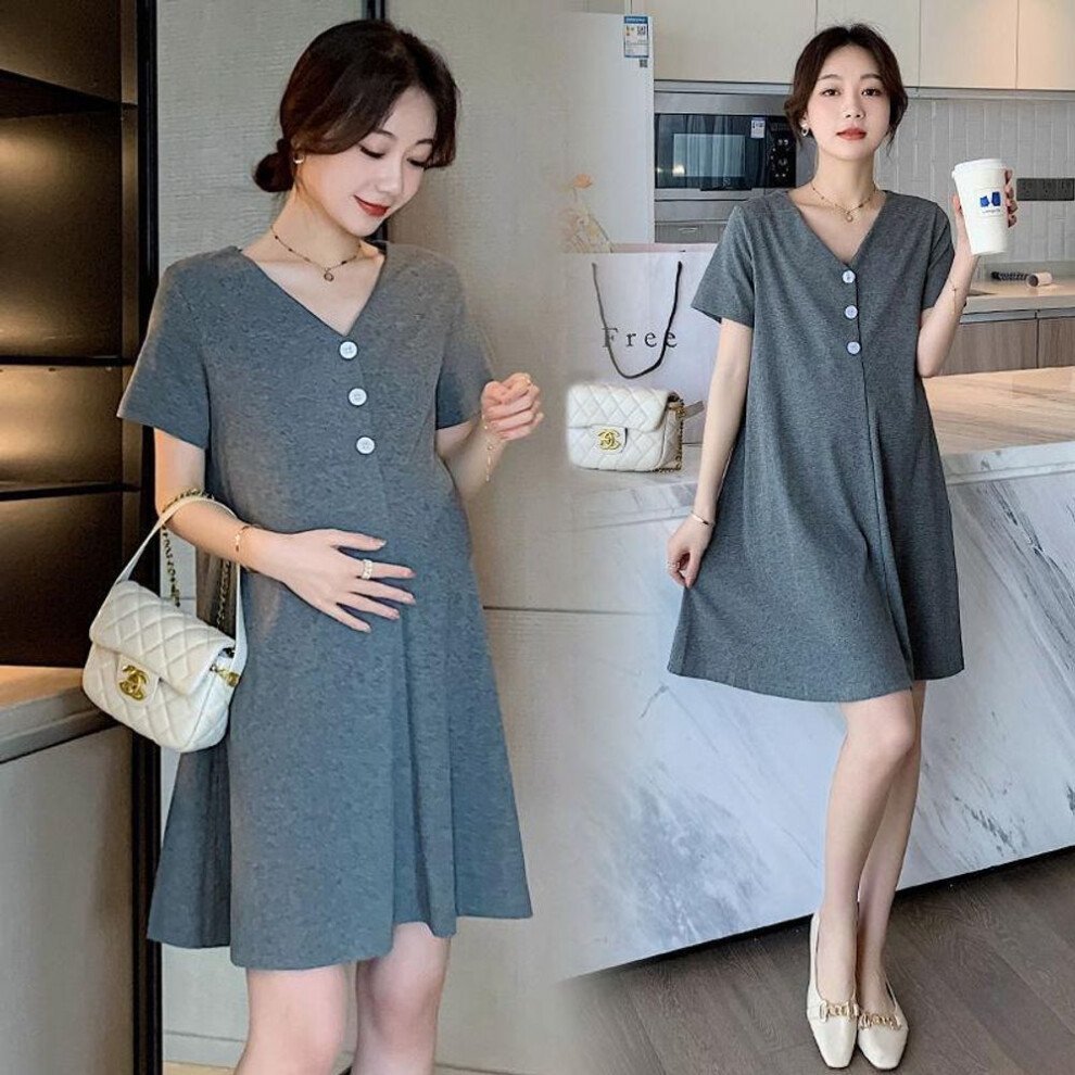 (dark gray, L) Korean Style Maternity Dress: Fashionable, Solid Color, Loose, Slim, Short-sleeved, Medium-length, Trendy, Casual, Large Size, Small Skirt.