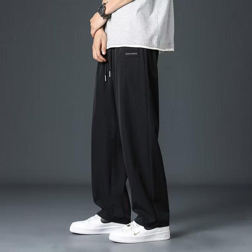 (black, 2XL) Men's Casual Japanese-Style Loose Straight Ice Silk Pants - Hong Kong Trendy Solid Color Versatile Trousers