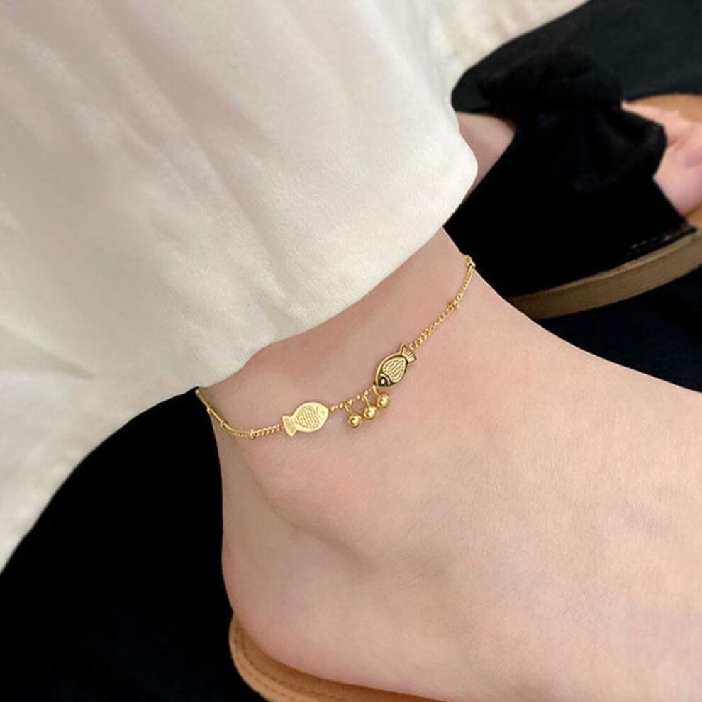 (18K) "elegant Pisces Gold Bean Anklet For Women - 18k Gold Plated Titanium, Trendy And Versatile Fashion Accessory