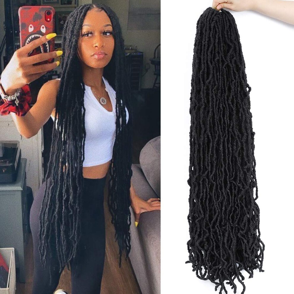 Neshoeker Unisex Soft New Faux Locs Super Long Goddess Crochet Hair Pre Looped Natural Braid Curly Wave Braiding Hair(36Inch #1B 6Packs)