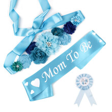 Baby Shower Maternity Sash Belly Belt, Mom to Be & Dad to Be Button Pin, Pregnancy Maternity Flower Sash Belt for Gender Reveal Blue Baby Boy